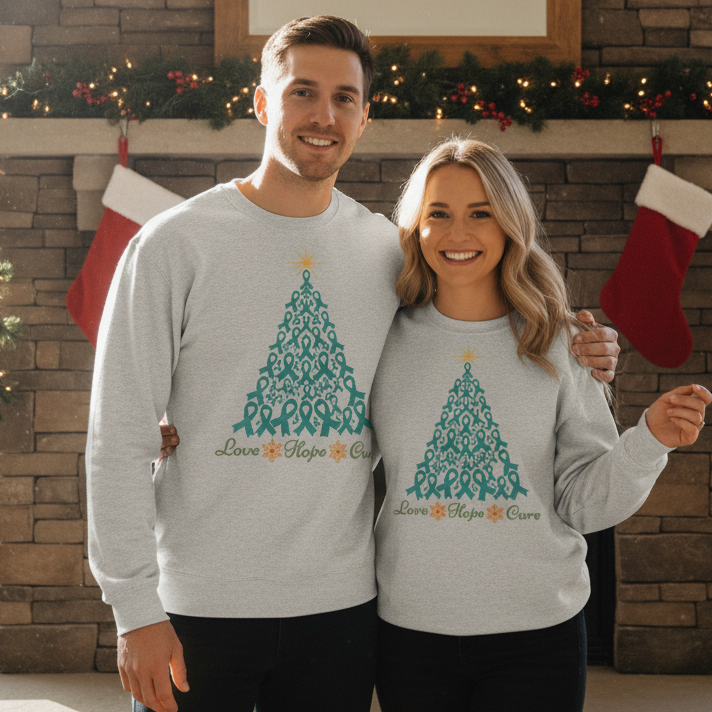 Two people wearing matching Christmas-themed sweaters in front of a fireplace with stockings.