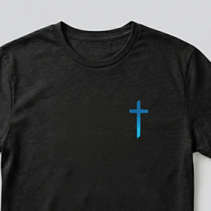 Black t-shirt with a blue cross on a light gray background