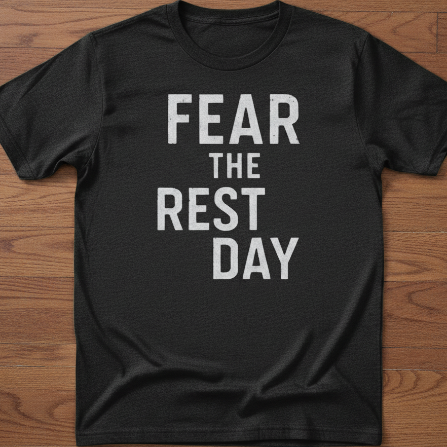 Black t-shirt with 'FEAR THE REST DAY' text on a wooden surface