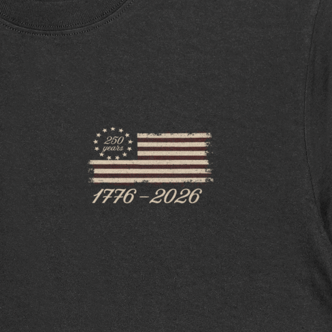 Black t-shirt with a small logo on the chest against a white background