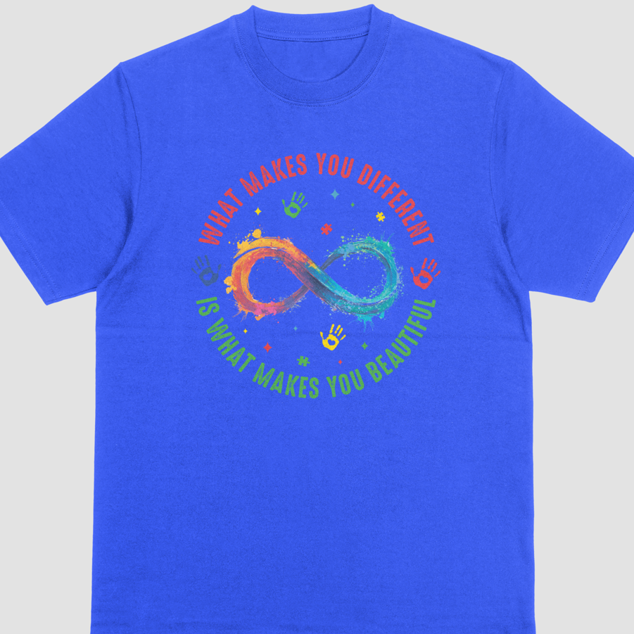 Blue t-shirt with colorful design and text on a gray background