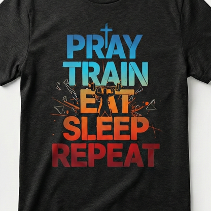 Black t-shirt with colorful text 'PRAY TRAIN EAT SLEEP REPEAT' on a white background