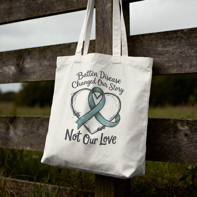 Tote bag with Batten Disease awareness design hanging on a wooden fence.