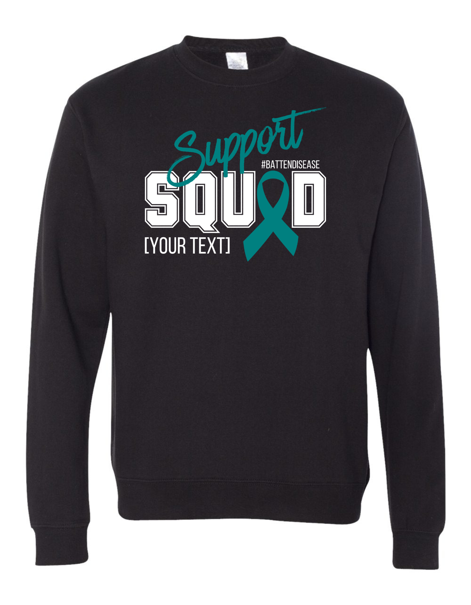 Black sweatshirt with teal ribbon and text design on a white background
