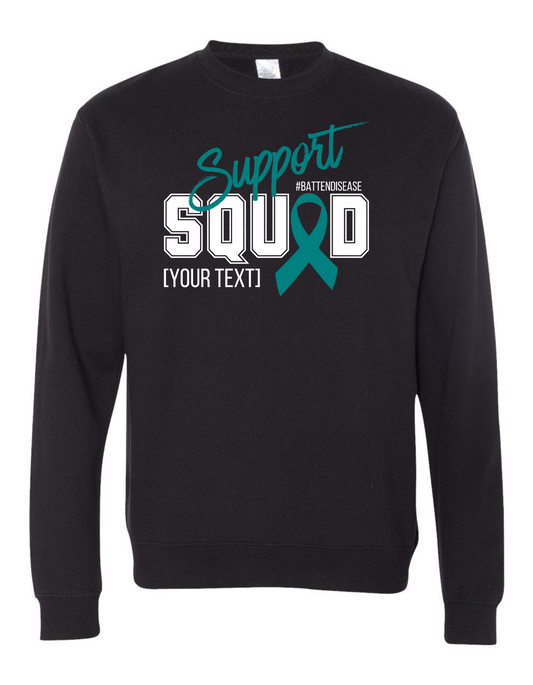 Black sweatshirt with teal ribbon and text design on a white background