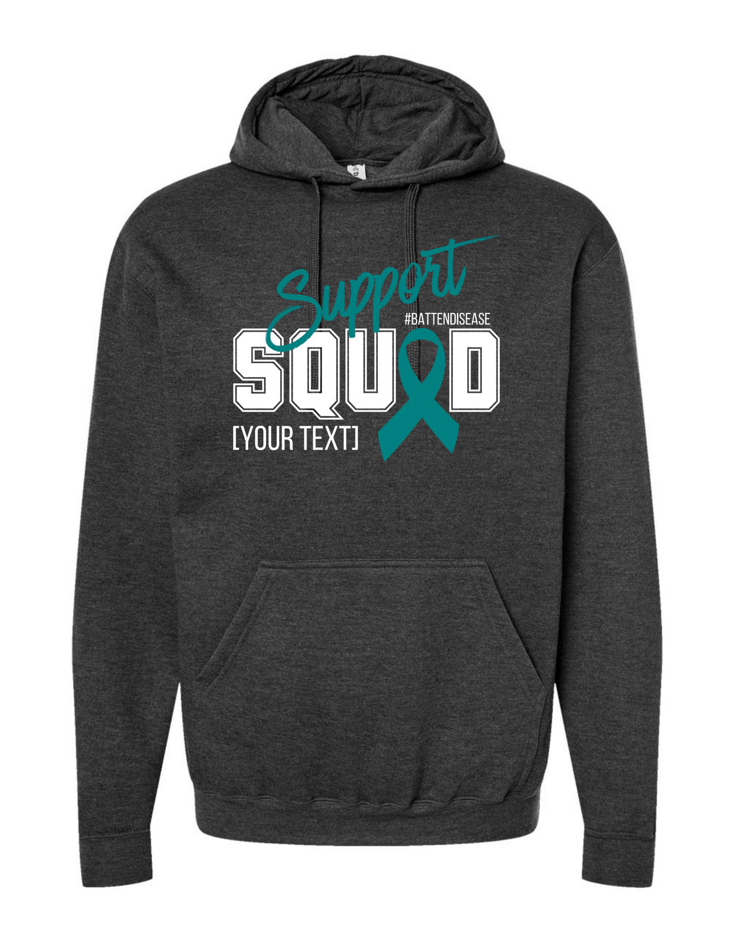 Dark gray hoodie with 'Support Squad' text and teal ribbon design on a white background
