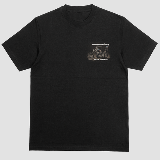 A black short-sleeve crewneck t-shirt with a small graphic print on the left chest showing a motorcycle and the text 'MOTORCYCLE CULT' and 'GET YOUR OWN'. The t-shirt is displayed flat against a light gray background.