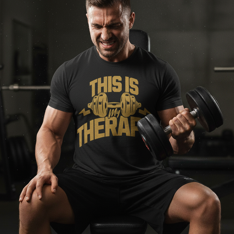 Man in gym wearing a black t-shirt with 'This is my therapy' graphic, lifting weights.