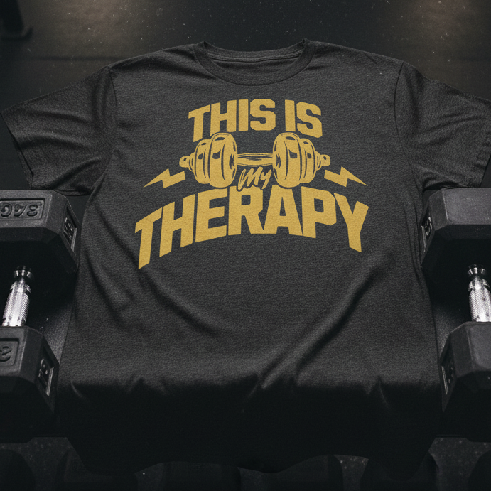 Dark t-shirt with 'This is my therapy' graphic in yellow on a gym floor with dumbbells.