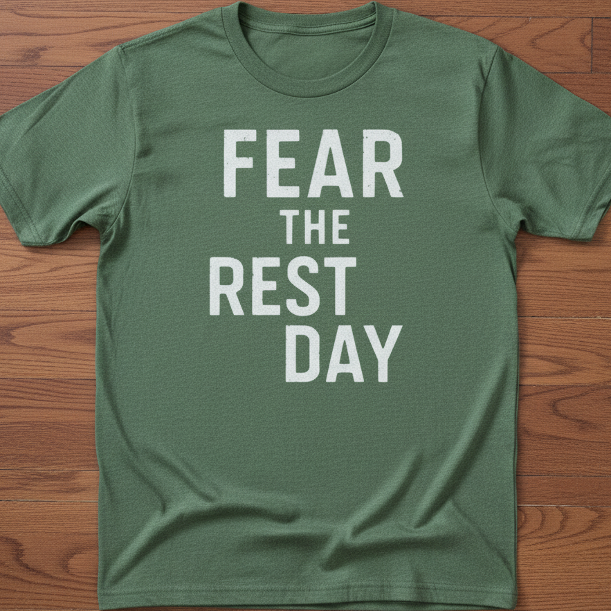 Green t-shirt with 'FEAR THE REST DAY' text on a wooden surface