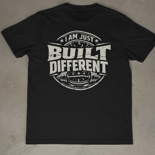 Black t-shirt with 'I am just built different' text on a beige surface