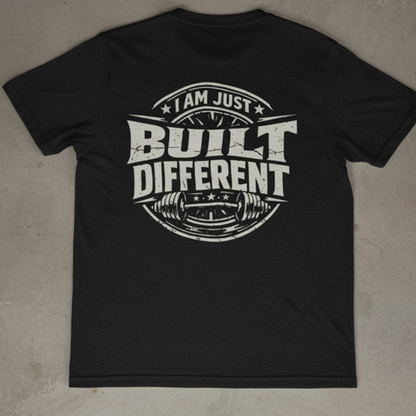 Black t-shirt with 'I am just built different' text on a beige surface