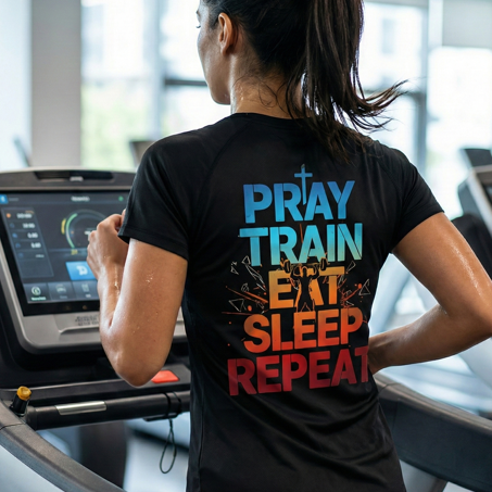 Person on a treadmill wearing a black t-shirt with motivational text in a gym setting