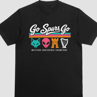 Black t-shirt with 'Go Spurs Go' graphic design on a gray background