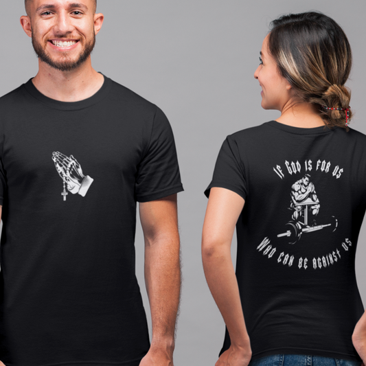 Two people wearing black t-shirts with white graphics on a gray background